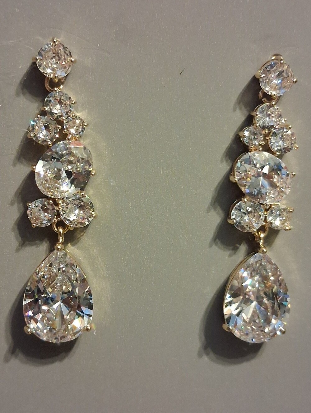 14KT Gold Flash Plated Cubic Zirconia Teardrop Dangle Earrings - Clear Stones